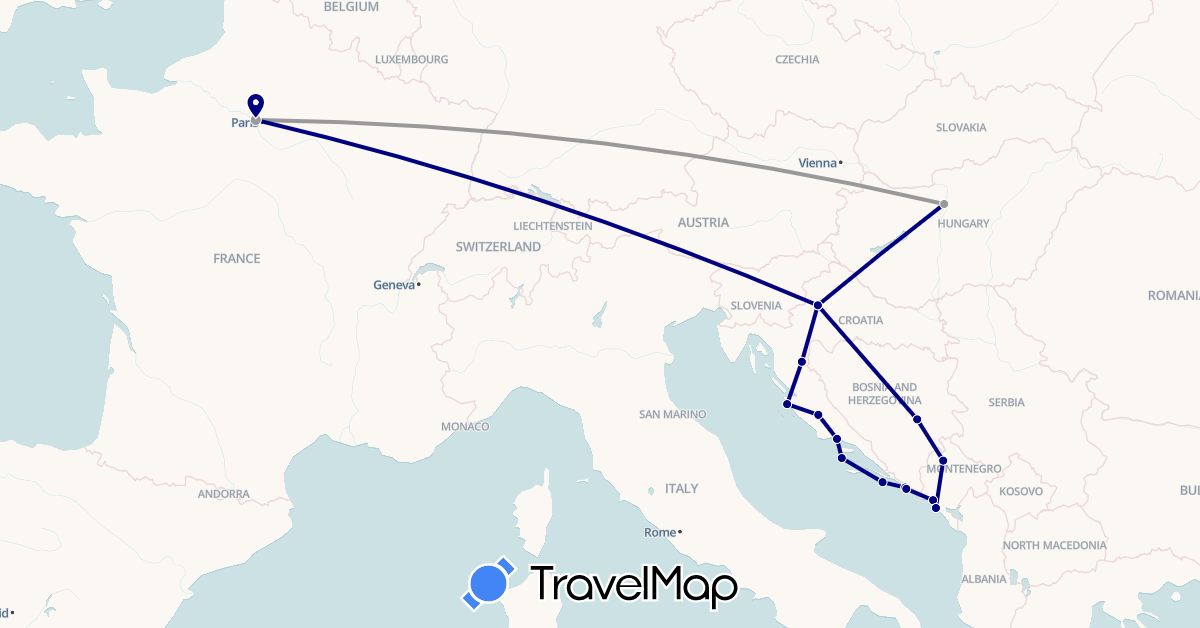 TravelMap itinerary: driving, plane in Bosnia and Herzegovina, France, Croatia, Hungary, Montenegro (Europe)
